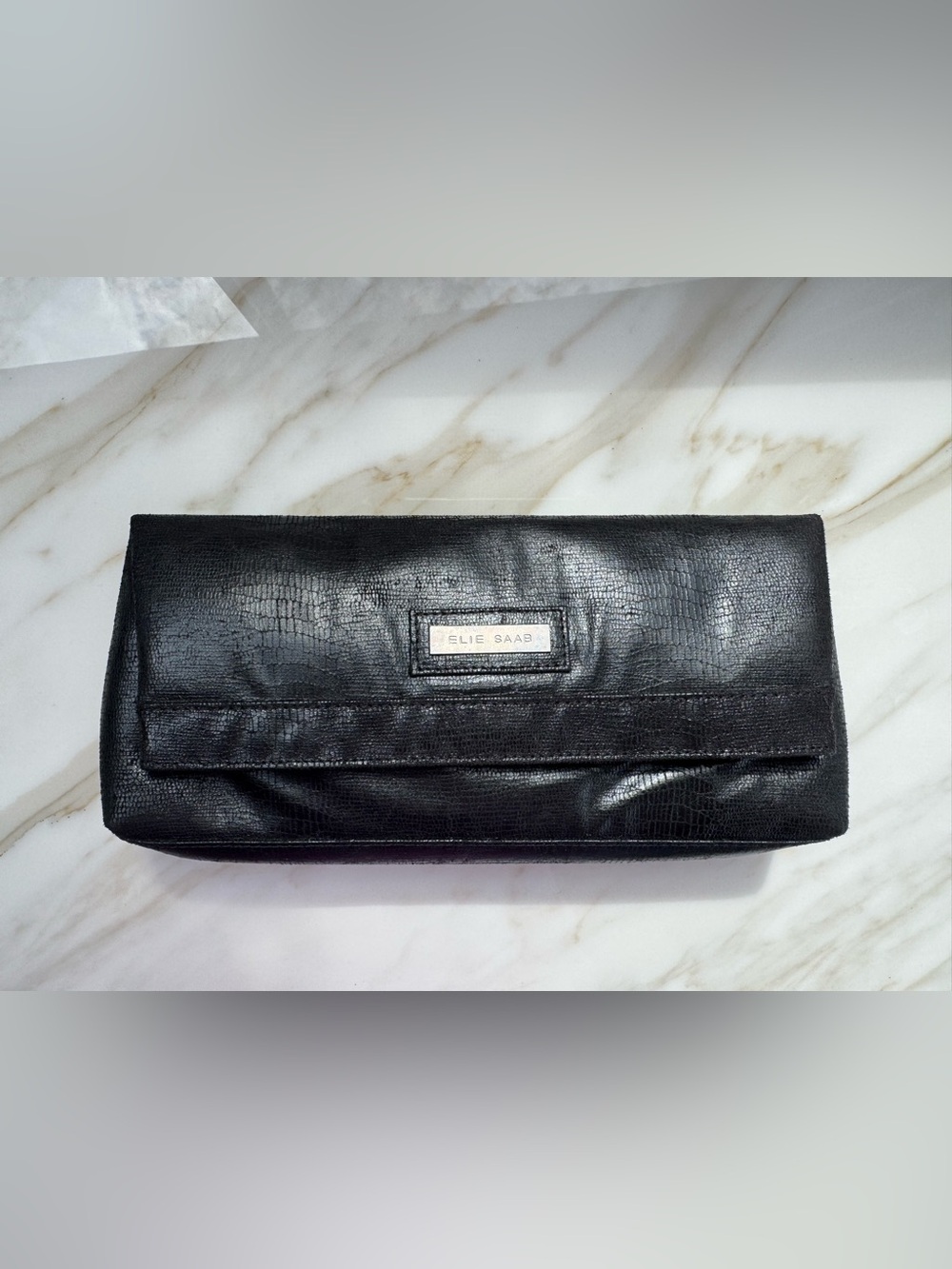 Elie Saab Black Textured Clutch with Logo Plaque